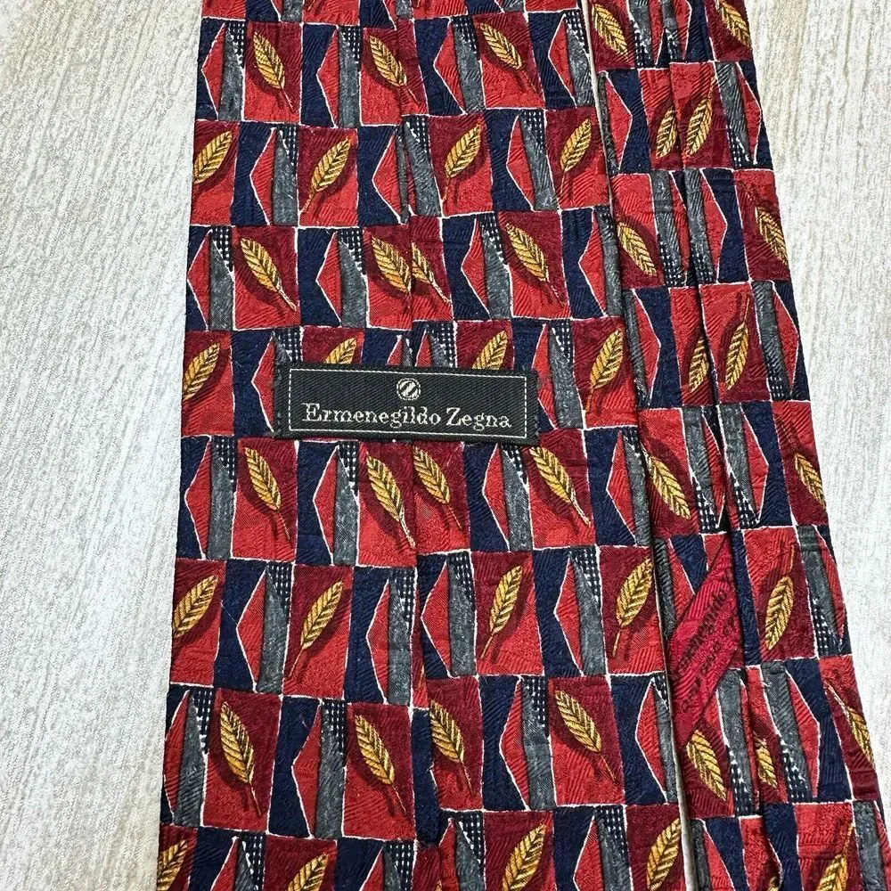 Ermenegildo Zegna Neck tie Floral Wheat Leaf Silk Made Italy Burgundy Blue‎